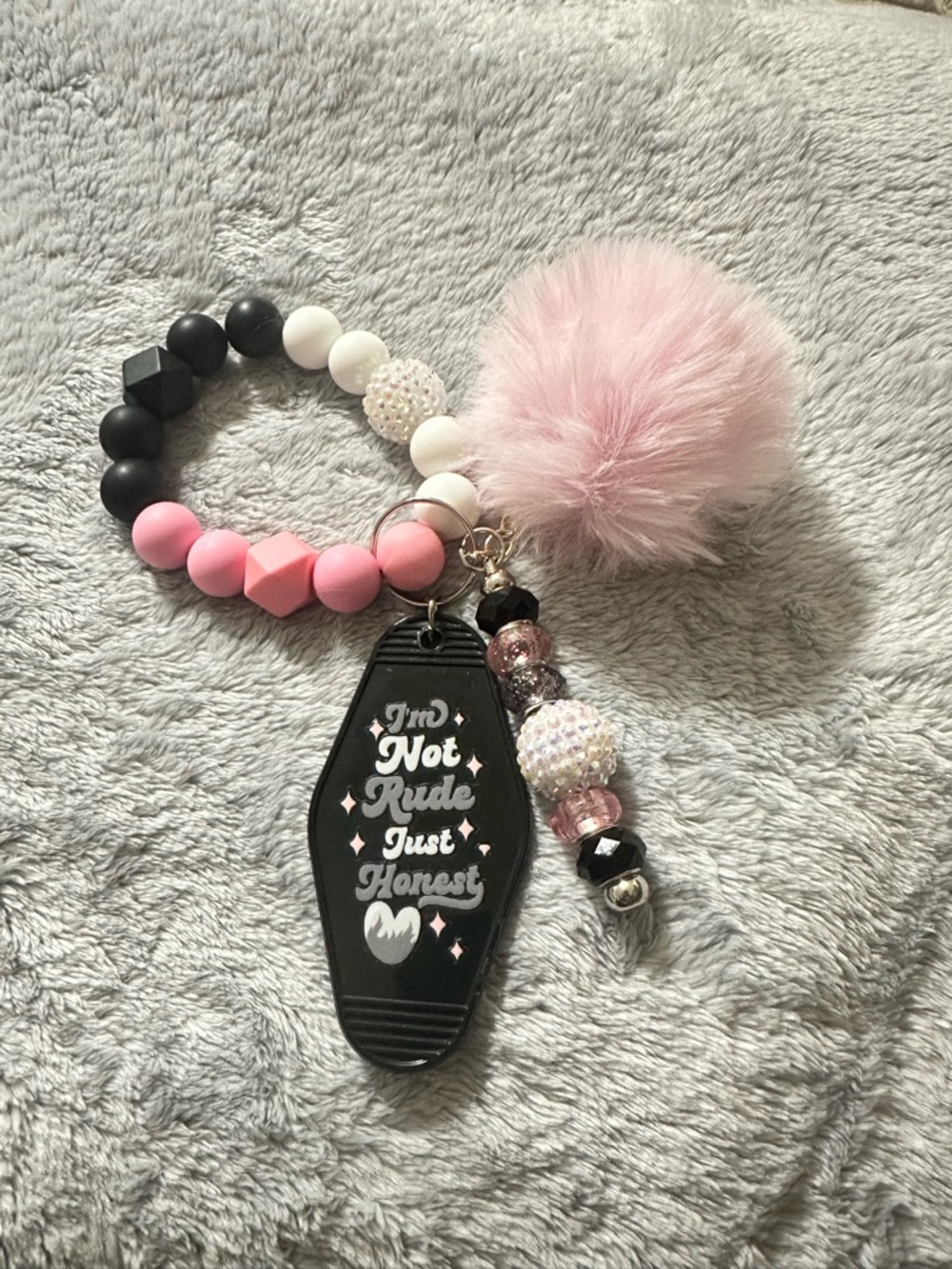 Pink & Black Beaded Keychain  and Wristlet with Pom Pom